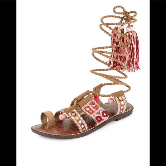 Sam Edelman Gretchen Boho Sandals 7M Embroidered Beaded Pom Pom Tassel Lace Up - Picture 4 of 16